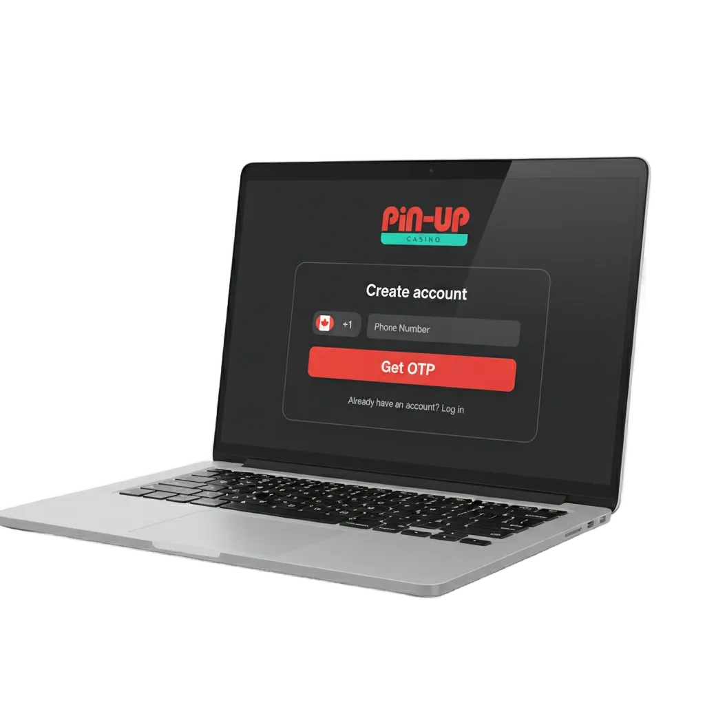 Phone and laptop screens showing Pin-Up signup, login, and ID verification for Canada, with secure payments icons.